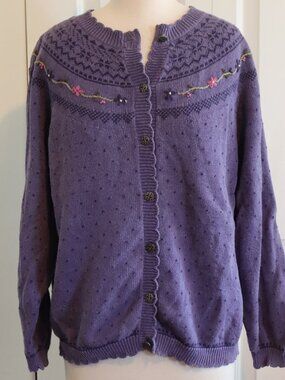 Northern Reflections Vintage Purple Embroidered Floral Cardigan Sweater Large